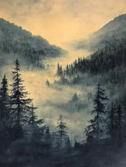 Oil painting depicting a valley shrouded in morning mist capturing the serene beauty of nature at dawn