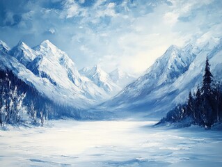 Obraz premium Oil painting depicting a serene winter landscape with stunning snow covered mountains and a tranquil cold atmosphere