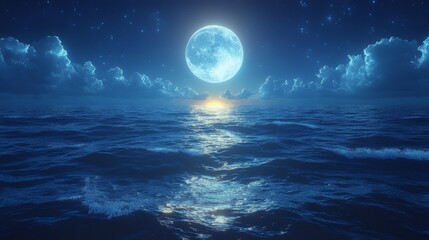 Glowing moonlight reflecting on calm ocean waves, tranquil and serene, night glowtime, peaceful and meditative, with realistic effects, true details style