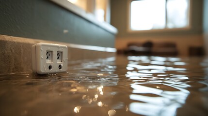 Electrical outlet submerged in floodwater inside a house, emphasizing safety concerns and the importance of home insurance