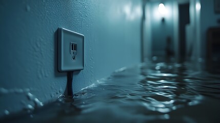 Electrical outlet submerged in floodwater inside a house, emphasizing safety concerns and the importance of home insurance