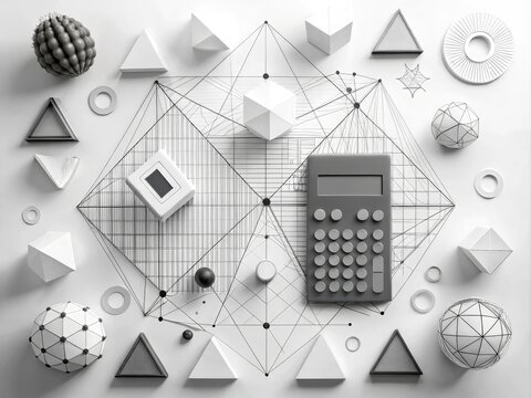 Geometric shapes, calculators, and equations in a stunning black and white composition, evoking a sense of logic, problem-solving, and intellectual curiosity in a minimalist design.