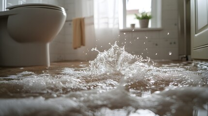Flooded bathroom with water splashing from an overflowing toilet, spreading across the floor, capturing the urgency of a home insurance need
