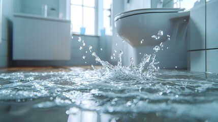 Flooded bathroom with water splashing from an overflowing toilet, spreading across the floor, capturing the urgency of a home insurance need
