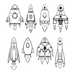 space.epsVector Childish doodle hand drawn space elements - a rocket spaceship starts and fuel burns. Trendy kids illustration for print on page books, astronomical journals