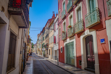 Perpignan, France - 27 August, 2024: Charming narrow streets in the old town of Perpignan, French Catalonia