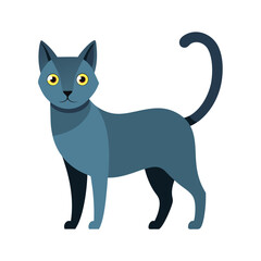 illustration of a sleek blue-grey cat, cartoon style, standing pose, yellow eyes, simple background, digital art,