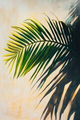 Obraz premium Oil painting showcasing a green palm leaf and its shadow emphasizing the interplay of light and color