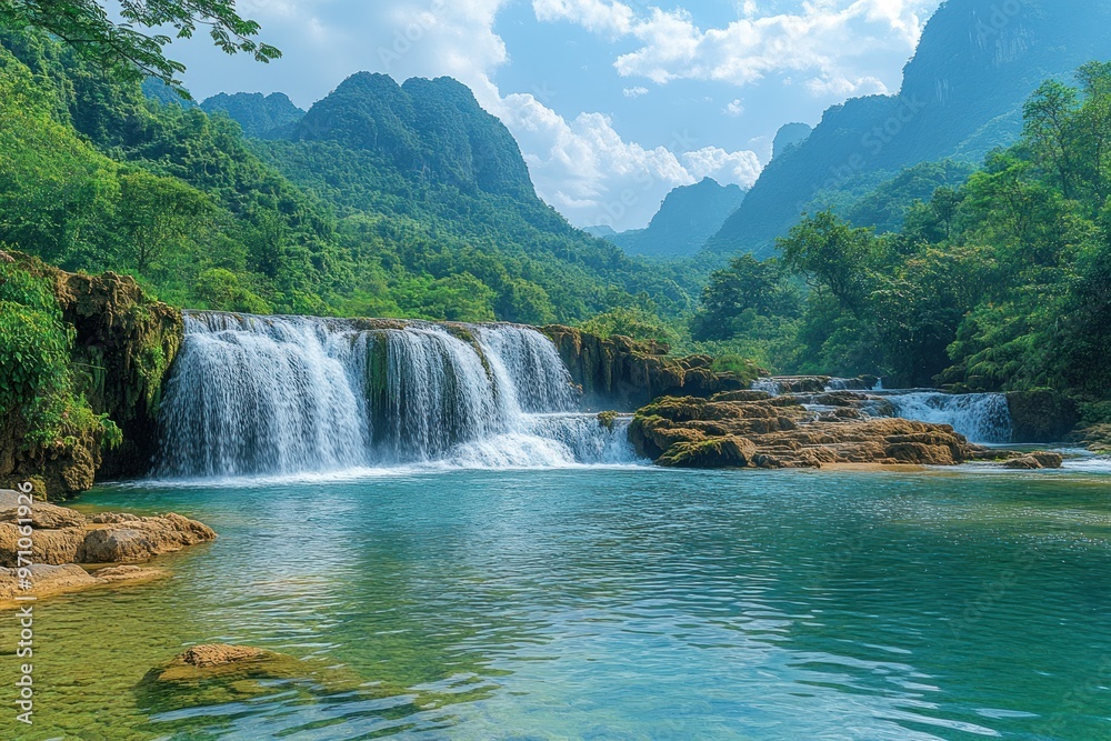 Canvas Prints Serene Waterfall in Lush Mountains