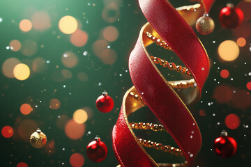 A detailed festive illustration of a DNA double helix adorned with Christmas ornaments and decorations, blending science with holiday themes, perfect for unique seasonal designs