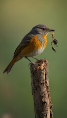 Female redstart bird catching an insect.