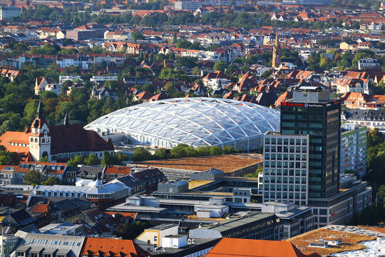 Leipzig, Germany - September 7, 2024: Aerial view of central Leipzig, the biggest city in Saxony. Gondwanaland pavillion of the Leipzig Zoo.