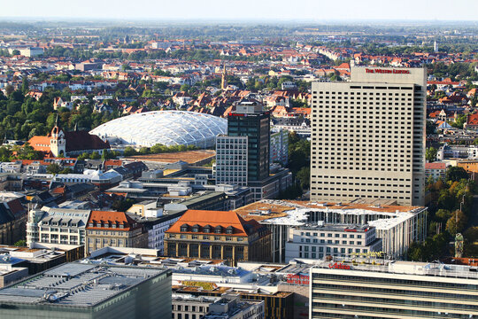 Leipzig, Germany - September 7, 2024: Aerial view of center of Leipzig, the biggest city in Saxony. The Westin Leipzig is a hotel and the second-tallest building in the city.