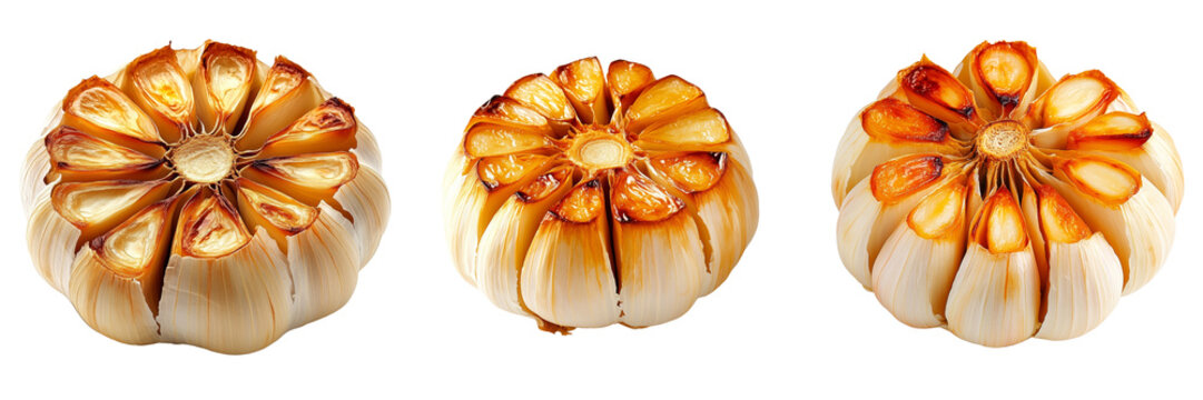 set of roasted garlic bulb cut in half golden-brown caramelization and cloves, isolated on a transparent background