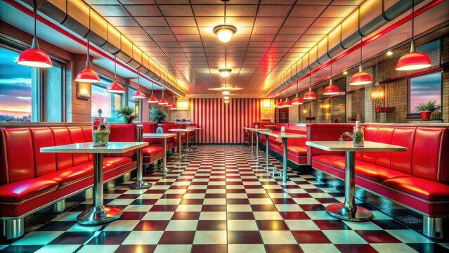 Vintage diner with retro decor, checkered floors, red booths, and neon signs , retro, diner, vintage, checkered