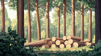 A peaceful pine forest with stacked logs in detailed illustrations, presenting a calm and serene woodland landscape.