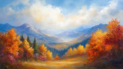 Oil painting showcasing a stunning valley scene adorned with vibrant autumn hues highlighting the natural beauty of the landscape