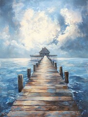 Fototapeta premium Oil painting depicting a lengthy jetty extending over the water showcasing oceanic architecture