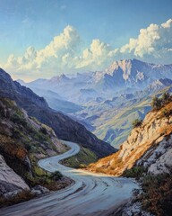 Oil painting depicting a majestic mountain pass road surrounded by rugged mountains