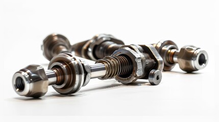 Close-up of various disassembled hydraulic parts