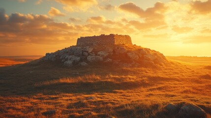 Weathered Stone Circle Temple with Golden Sunset Hues