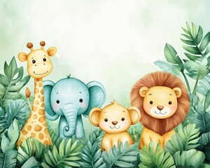 Wildlife Watercolor Art: Cute giraffe, elephant, lion, and cub in a green jungle setting.