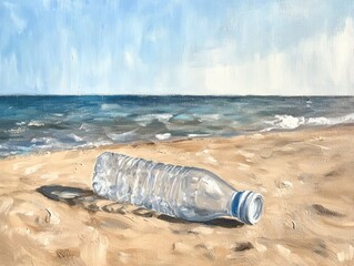 Oil painting depicting a plastic bottle on a beach illustrating the theme of environmental awareness and the issue of plastic waste