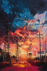 Oil painting depicting electricity turbines and energy generation processes
