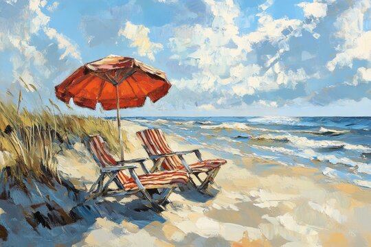 Oil painting depicting beach chairs and an umbrella along the shoreline showcasing essential beach accessories