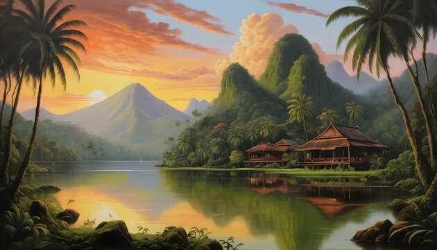 It is a mystical village in Malaysia with beautiful lakes and Sunset over the mountain.