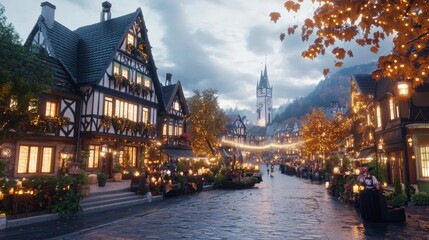 Naklejka premium Quaint European village at dusk with Halloween decorations