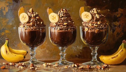 Obraz premium Oil painting depicting a chocolate dessert garnished with nuts and bananas served in glass cups