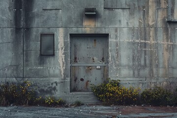 Old rusty metal door is showing neglect on the side of this industrial building