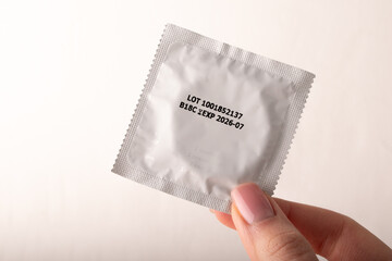 Hand holding condom on white background. Mens contraception. Sexually transmitted diseases infections protection. Concept of birth control. Safe sex. STD. High quality photo