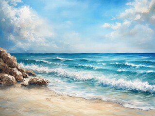 Oil painting depicting a tranquil beach scene with waves and sandy shores