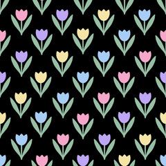 Colorful tulips seamless pattern. Cute pastel tulip flowers in a row on black background. Abstract geometrical shape floral endless background for fabric, wallpaper, wrapping, kids apparel