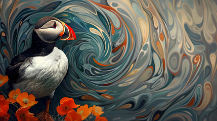Fototapeta premium Art nouveau artistic image of Puffin in a round shape