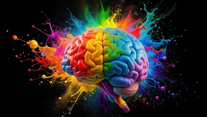 Obraz premium Bright human brain surrounded by colorful splashes on black background, symbolizing joy, creativity, and ideas , joy