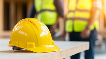 A yellow hard hat rests on wooden surface, symbolizing safety in construction. In background, construction workers in high visibility vests are engaged in their tasks, highlighting importance of safet