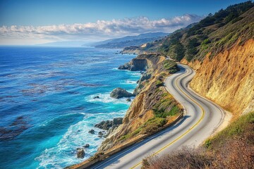 Scenic coastal view with winding road along cliffs and turquoise waves, perfect for travel and nature enthusiasts.
