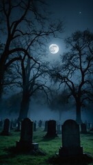Glowing spirits rise from a foggy graveyard under a full moon.