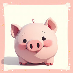 A cute, pink piglet with a happy expression, standing in a light pink frame with a white background.
