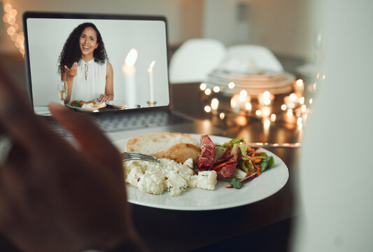 Home, people and video call with laptop for date, conversation and digital reunion with connection. Screen, woman or friends with technology for long distance gathering, food and dinner together