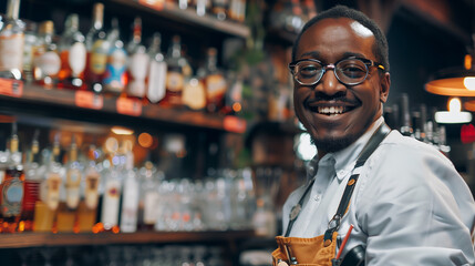 Smiling African American bartender behind counter. Hospitality industry, diverse workforce, customer service concept.