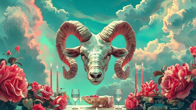 A surreal depiction of a ram's head surrounded by rose flowers under vibrant clouds