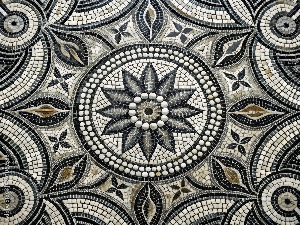 Wall mural intricately arranged black and white stone tiles form a stunning roman-inspired mosaic, evoking anci