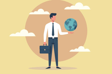 greening in business, protecting nature. A businessman stands in the middle of nature while holding the earth