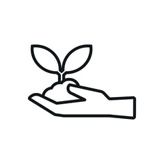 Plant in Hand Vector Agricultural Black Line Symbol on White Background. Ecology Flat Outline Icon. Leaves, Soil and Palm Elements for Agro, Farming and Livestock Business.