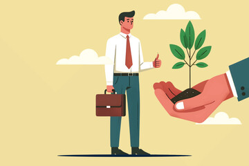 greening in business, protecting nature. A standing businessman receives a tree from a big hand as a symbol of nature conservation