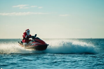 Santa Claus riding a jet ski across the ocean waves